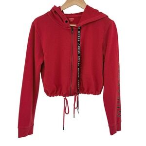 Guess Red Cropped Zip Up Hoodie Long Sleeve Drawstring Hem Logo Graphic Large